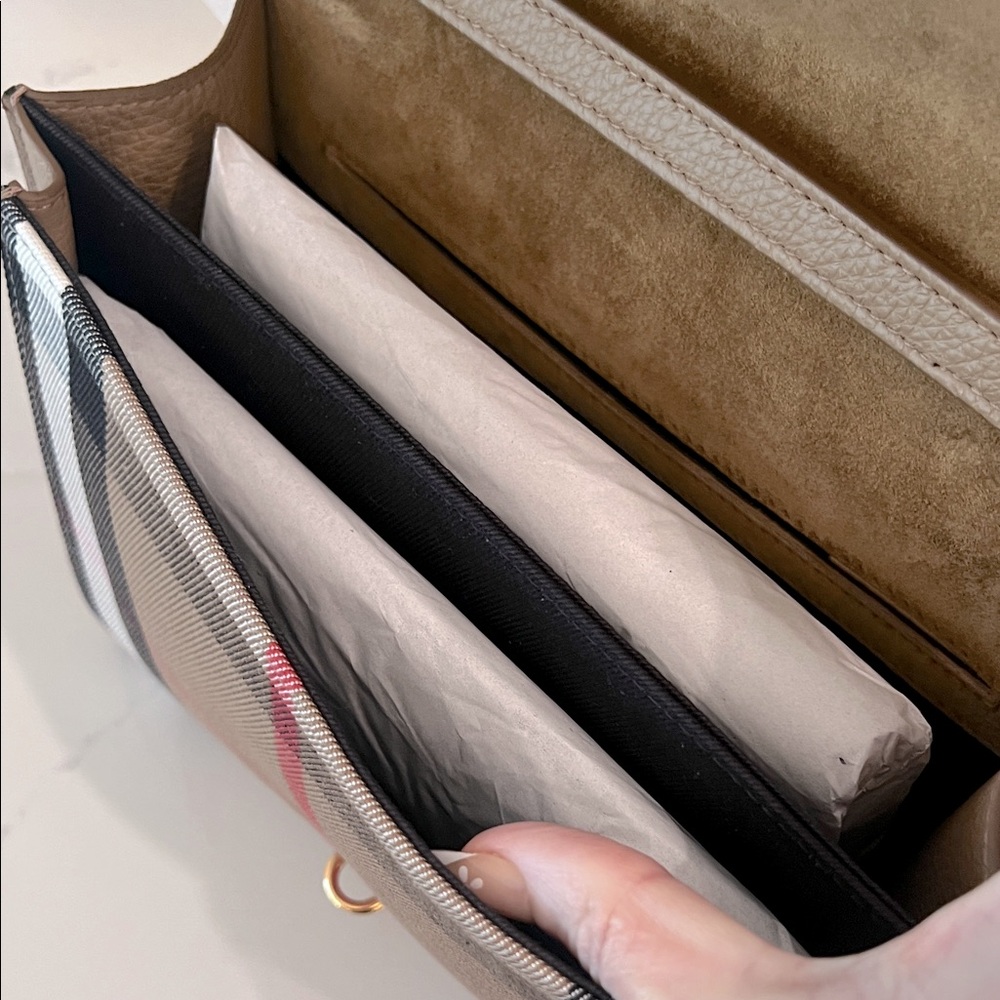 NWT Burberry Macken Leather and House Check Crossbody Bag Small Camel | Tan - Picture 13 of 16